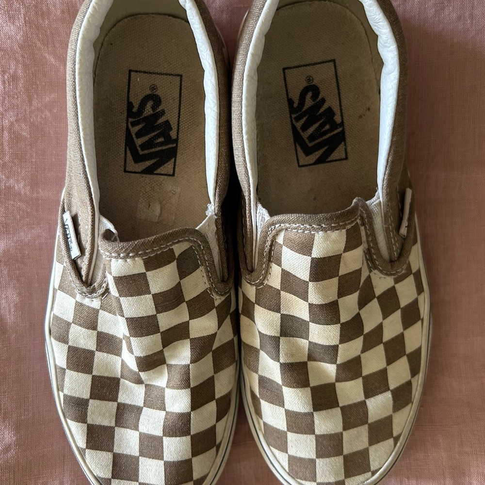 Vans Bronze and cream checkered slip ons